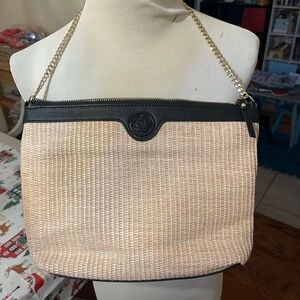 Nanette Lepore woven straw and black faux leather shoulder bag with a gold chain